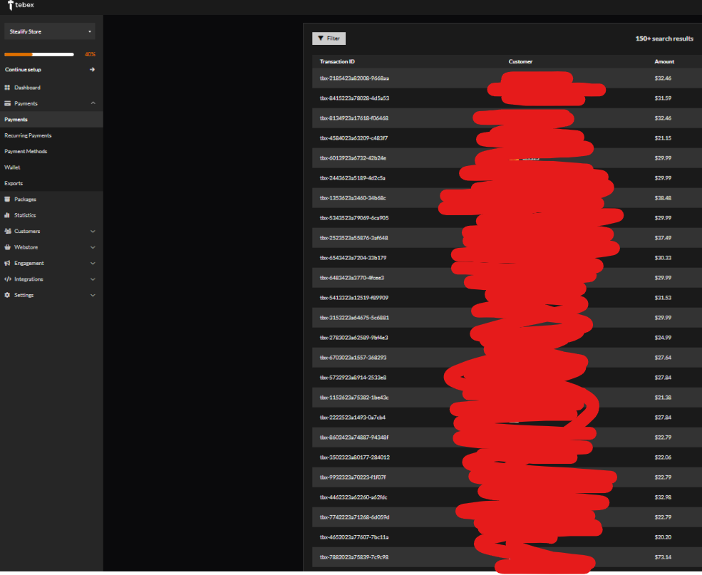 Tebex payments list with 150 plus transactions